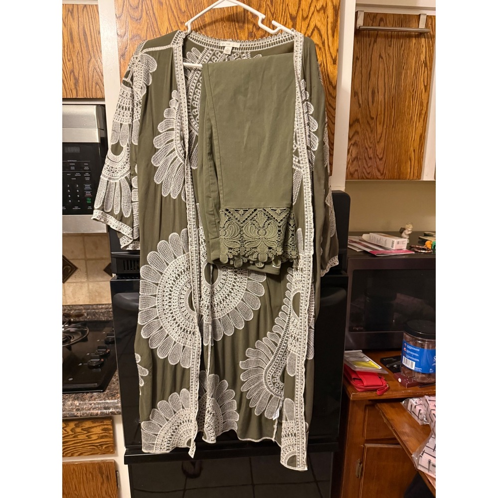 Est. 1946 Olive Green Kimono and Lace‎ Trim Pants Set Women Size L 10 Boho